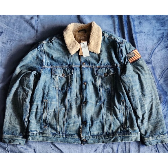 NWT Polo Ralph Lauren Men's Sherpa Fleece Lined Denim Trucker Jean Jacket w/Flag - Picture 2 of 14